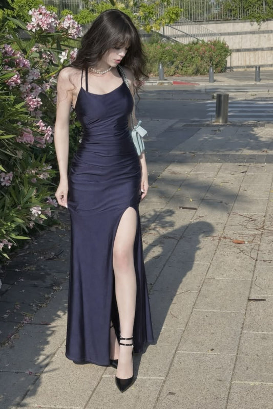 Navy Blue Sheath Spaghetti Strap Satin Slit Prom Dress Party Dress DP6542