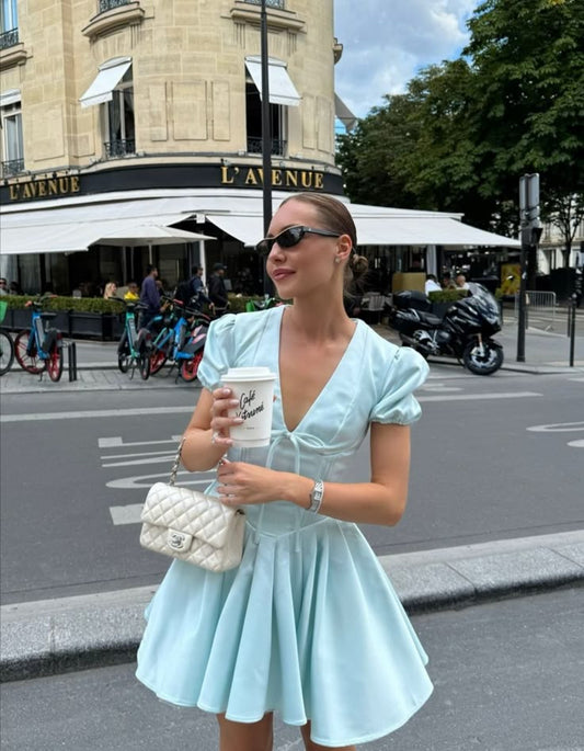 Baby Blue A Line Puff V Neck Satin Short Homecoming Dress Outfits DP3341