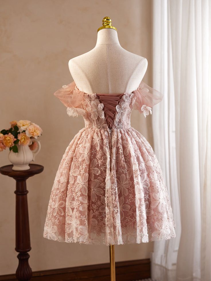 Pink Vintage Off-the-shoulder Flower Appliques Tulle Homecoming Dress DP846