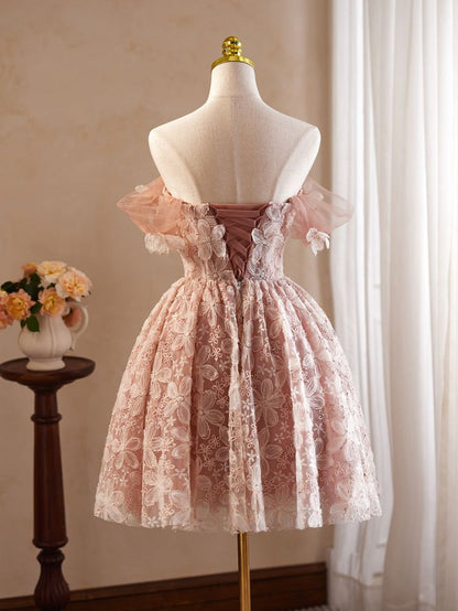 Pink Vintage Off-the-shoulder Flower Appliques Tulle Homecoming Dress DP846