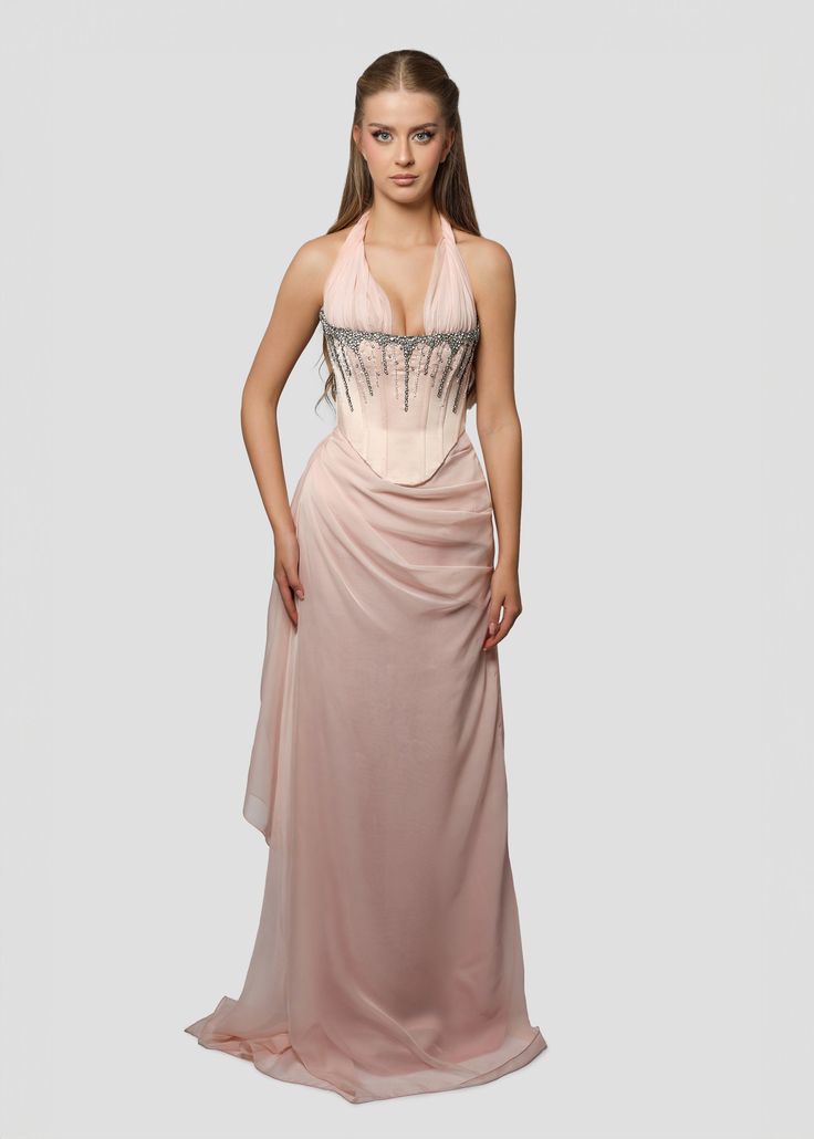 Cute A Line Halter Beaded Pink Satin Chiffon Open Back Long Prom Dress Graduation Prom Dress DP2248