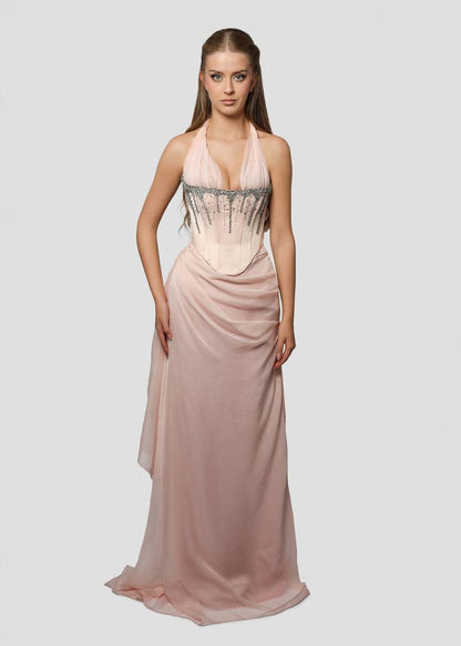 Cute A Line Halter Beaded Pink Satin Chiffon Open Back Long Prom Dress Graduation Prom Dress DP2248