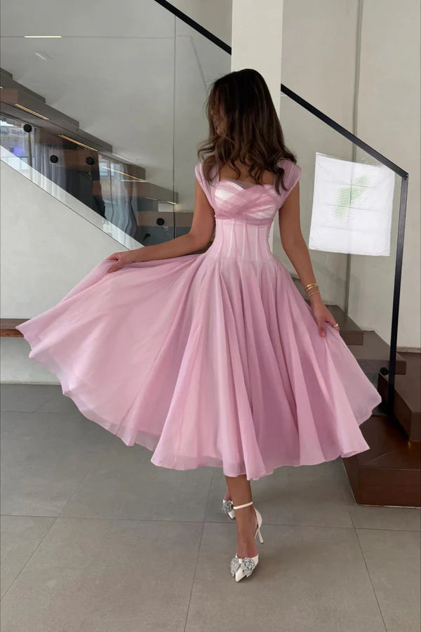 Princess Pink A Line Straps Tulle Chiffon Prom Dress Party Evening Dress DP5372