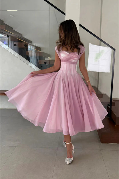Princess Pink A Line Straps Tulle Chiffon Prom Dress Party Evening Dress DP5372