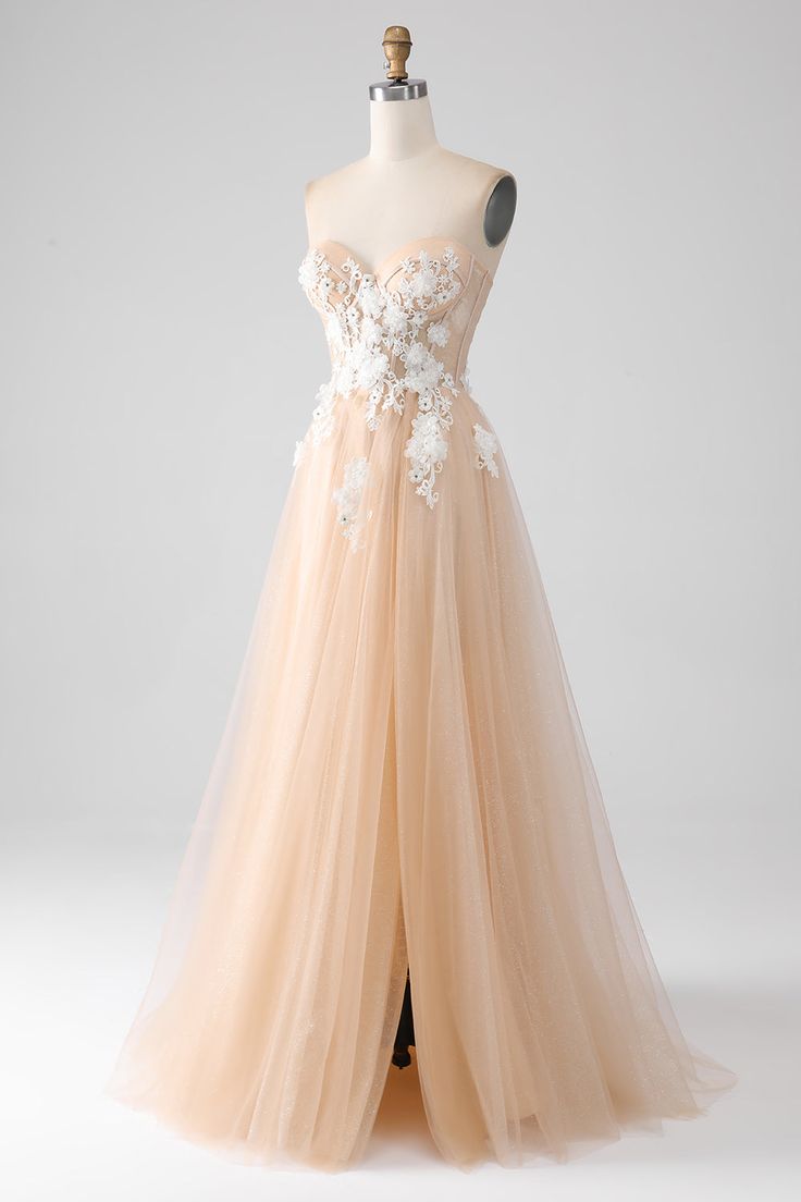 A Line Champagne Strapless Corset Tulle Prom Dress with Appliques DP1396