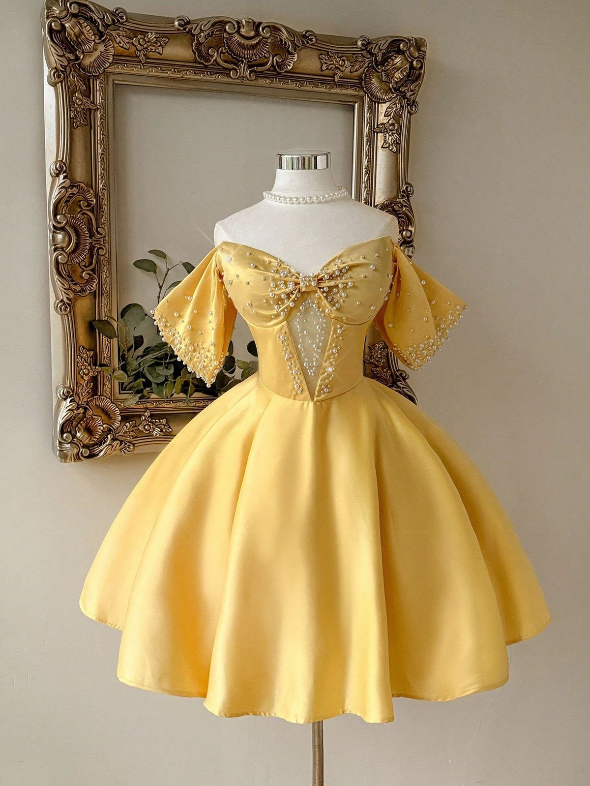 Yellow A Line Off the Shoulder Pearl Satin Short Homecoming Dress DP5672