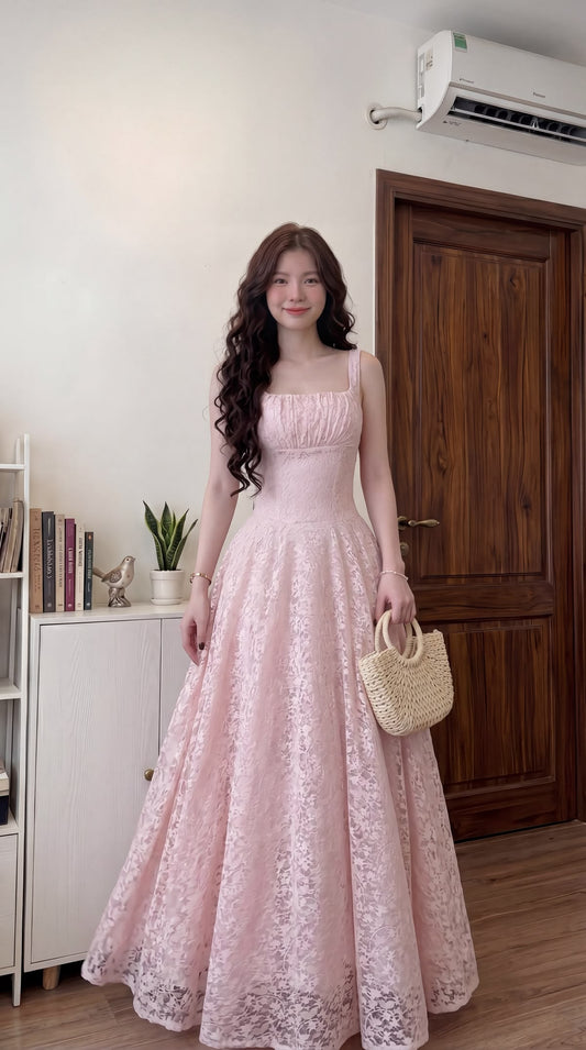Sweety Pink A Line Spaghetti Strap Lace Long Prom Dress Evening Dress DP6681