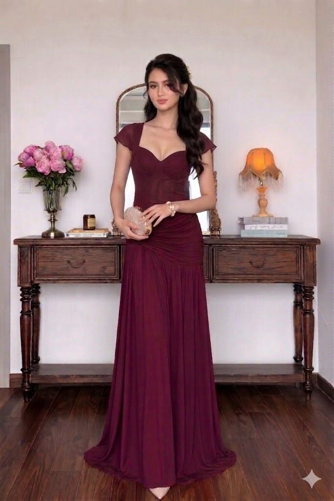Ethereal A Line Strap Burgundy Chiffon Prom Dress Evening Dress DP6693