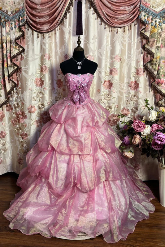 Vintage Shiny Ball Gown Strapless Bow Beaded Pleated Organza Prom Dress 18th Birthday Dress DP4060