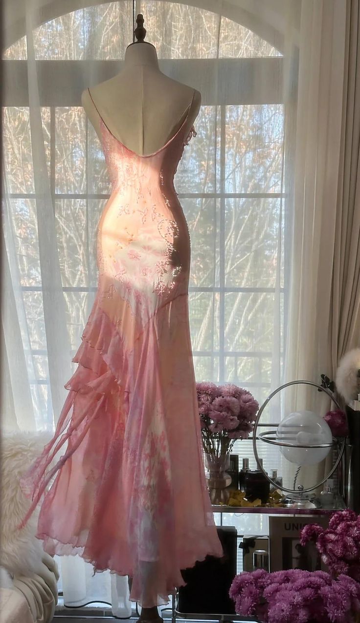 Fairytale Pink Mermaid Spaghetti Strap Beaded Ruffle Chiffon Prom Dress DP2259