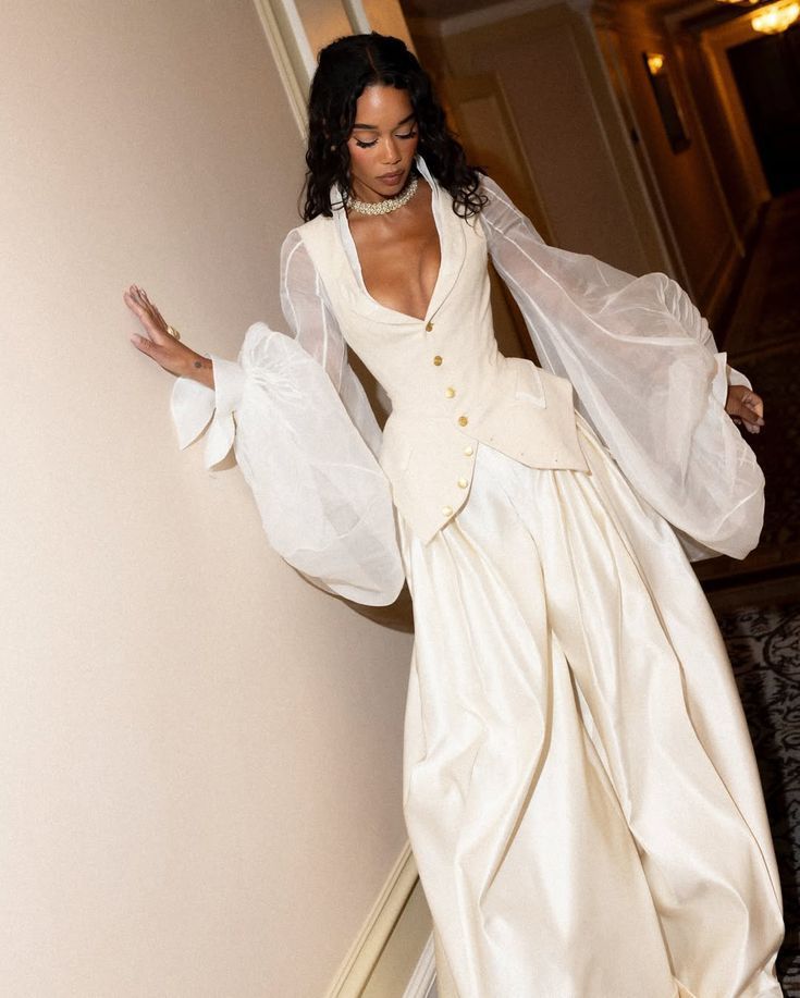 Two Piece White A Line Long Sleeve Satin Prom Dress Evening Dress DP7839