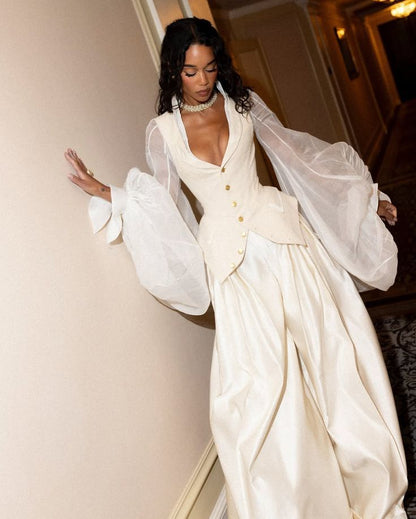 Two Piece White A Line Long Sleeve Satin Prom Dress Evening Dress DP7839