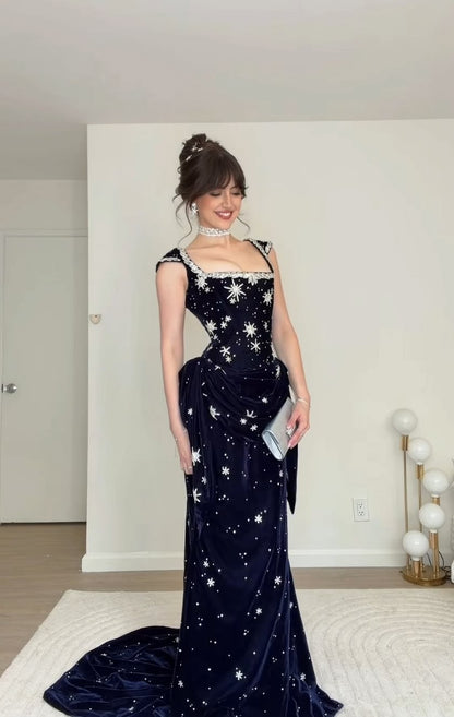 Stunning Navy Blue A Line Strap Shiny Beaded Velvet Long Prom Dress Evening Dresses DP7585