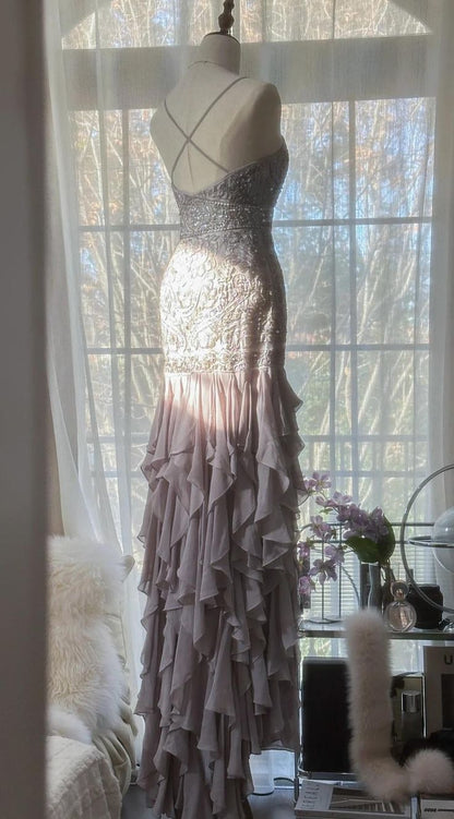 Light Lilac Sheath Spaghetti Strap Beaded Appliques Chiffon Prom Dress Graduation Prom Dress DP1997