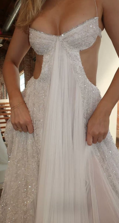 White Exquisite Beaded A Line Spaghetti Strap Tulle Long Prom Dress Wedding Dress DP2923