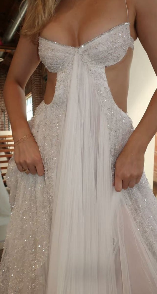 White Exquisite Beaded A Line Spaghetti Strap Tulle Long Prom Dress Wedding Dress DP2923