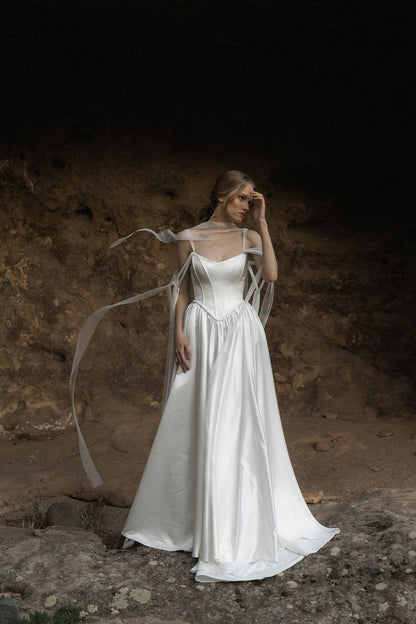 Ethereal A Line Spaghetti Strap White Tulle Satin Long Wedding Dress DP7195