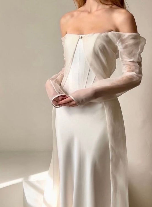 Elegant White A Line Long Sleeve Organza Satin Prom Dress Evening Dress DP3400