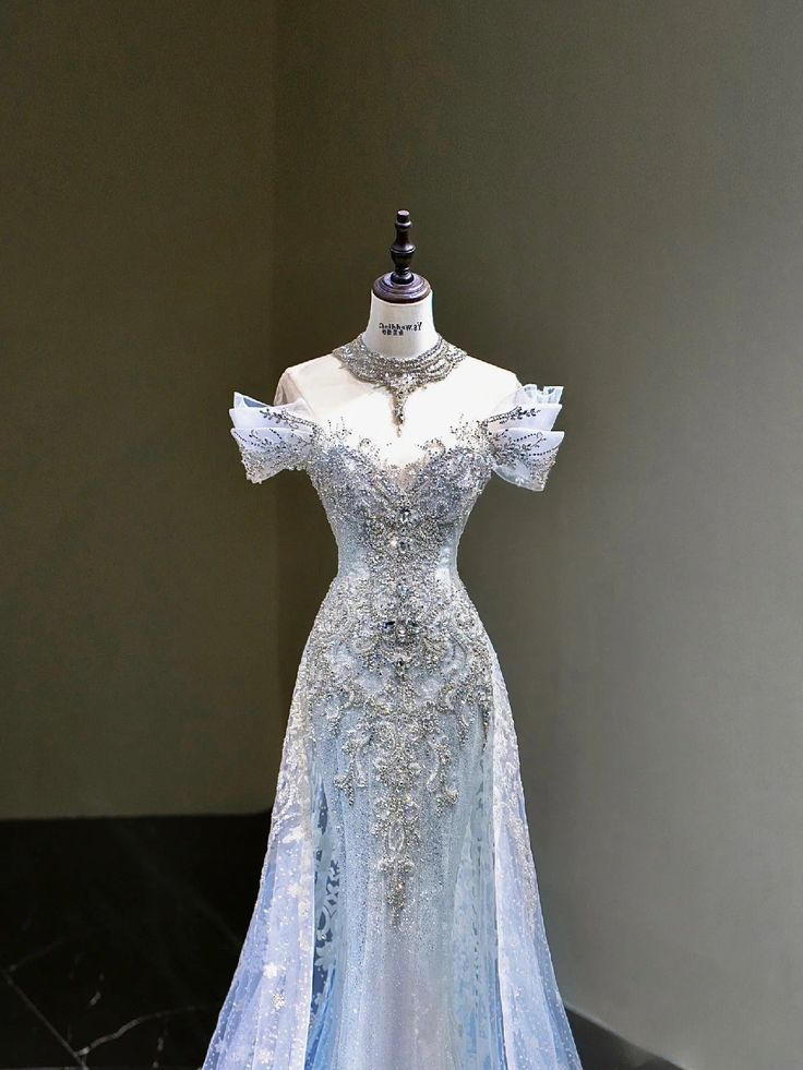 Exquisite Blue Beaded Mermaid Off the Shoulder Tulle Prom Dress Evening Dress DP3034