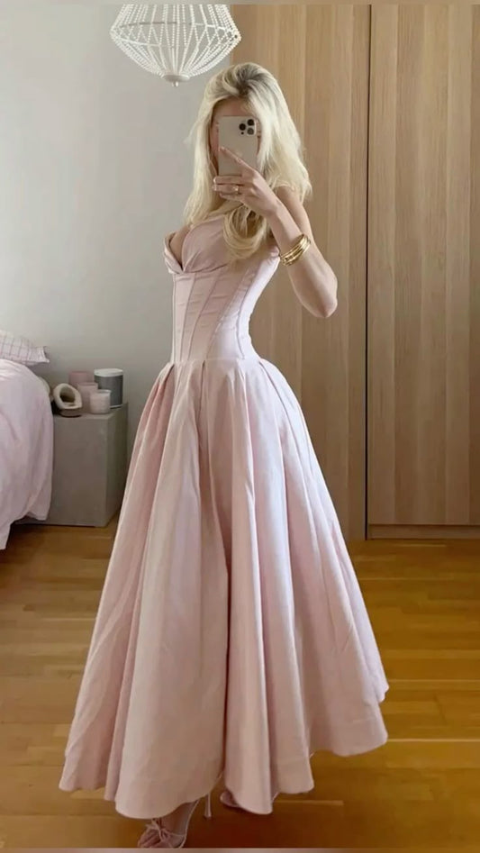 Gentle A Line Sweetheart Neck Corset Pink Satin Tulle Party Dress Wedding Guest Dress DP2419