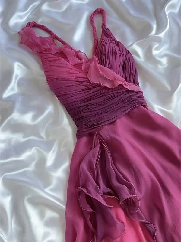 Cute A Line Spaghetti Strap Ruffle Pink Ombre Chiffon Short Party Dress Evening Dress DP2309