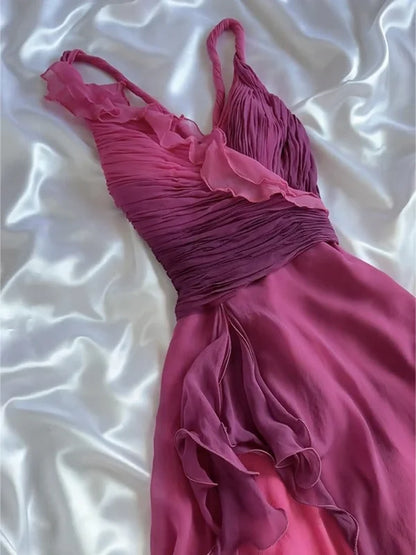 Cute A Line Spaghetti Strap Ruffle Pink Ombre Chiffon Short Party Dress Evening Dress DP2309