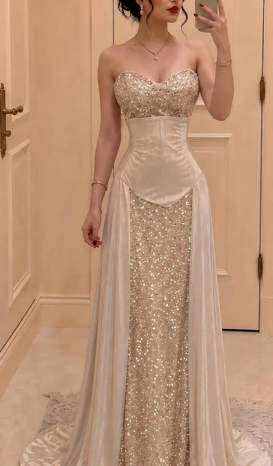 Shiny Champagne A Line Sweetheart Neck Sequin Long Prom Dress Party Dress DP6561