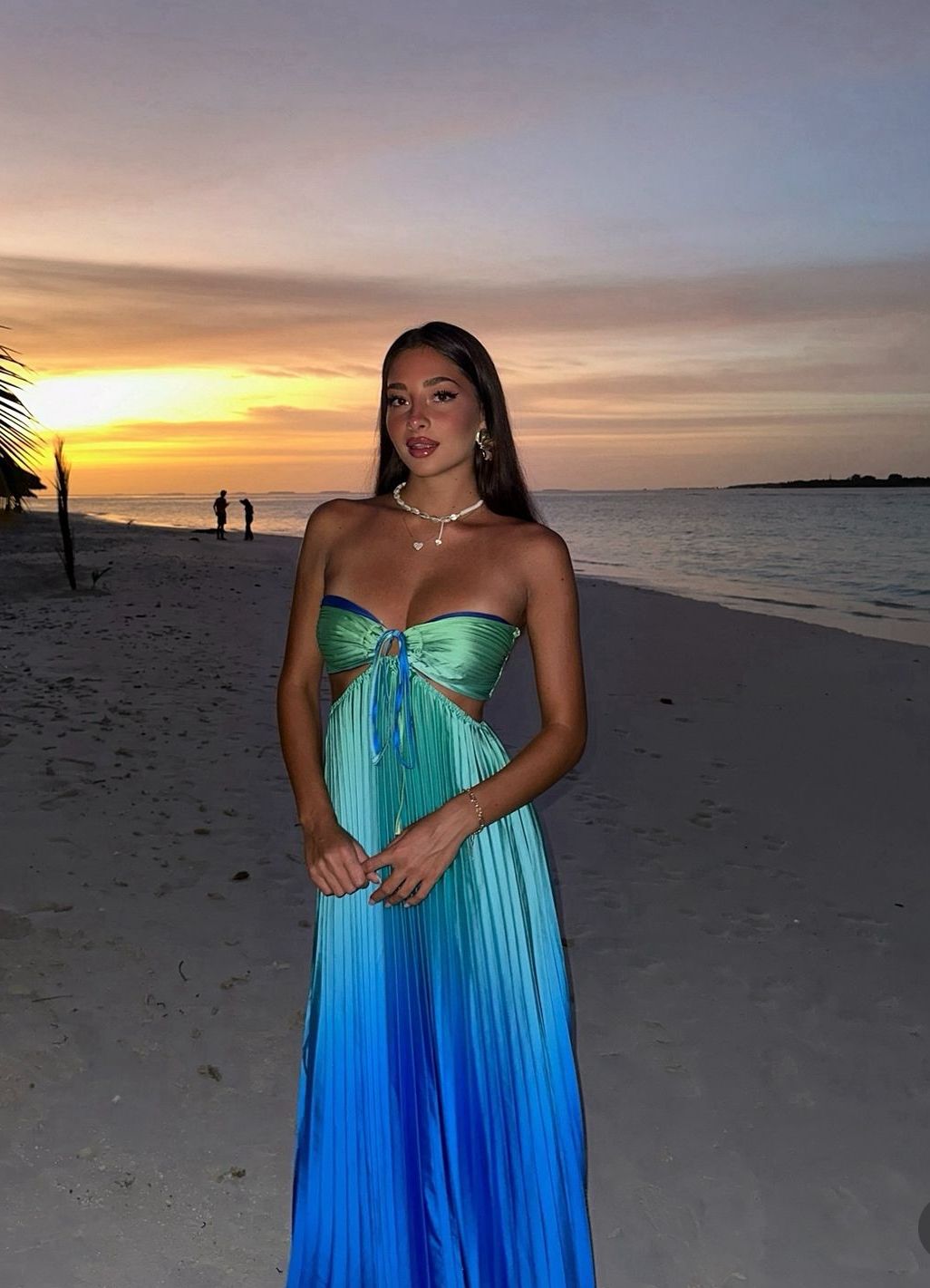 Blue Green Ombre A Line Strapless Pleated Satin Long Prom Dress Vacation Dress DP3940