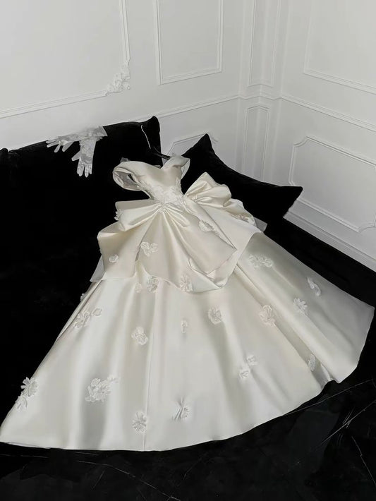 Cute A Line Off the Shoulder Appliques White Satin Long Prom Dress Wedding Dress DP2575