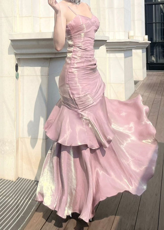 Romantic Pink Mermaid Spaghetti Strap Satin Long Prom Dress Evening Dress DP2032