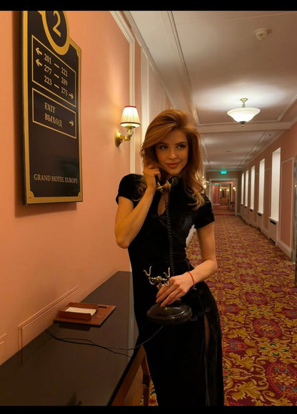 Sexy Sheath Black Velvet Long Prom Dress Evening Dress with Slit DP4787