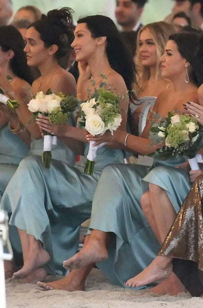 Simple Ice Blue A Line Strapless Satin Backless Long Bridesmaid Dress DP4969