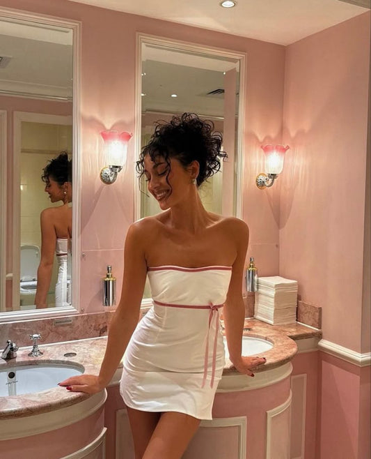 Simple A Line Strapless White Satin Mini Homecoming Dress Cocktail Dress DP2851