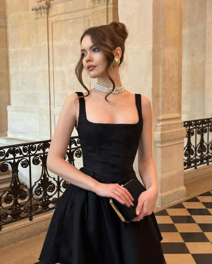 Black A Line Spaghetti Strap Satin Short Prom Dresses Homecoming Dress DP3675