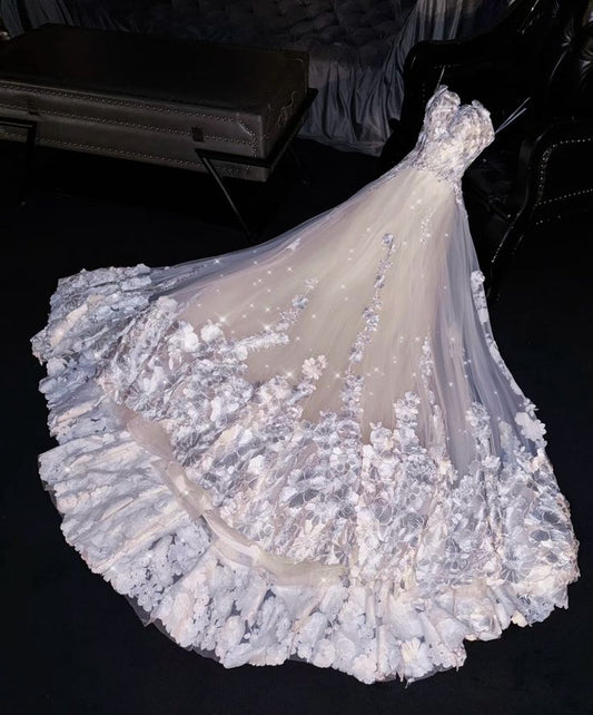 Pretty A Line Sweetheart Neck White Lace Appliques Tulle Long Prom Dress Wedding Dress DP2862