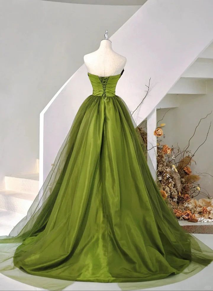 Green A Line Strapless Satin And Tulle Long Prom Dress DP826