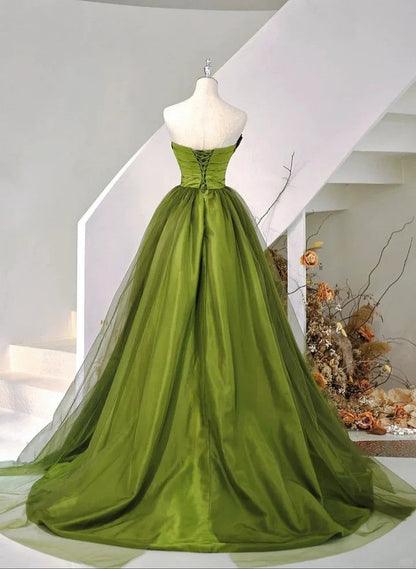 Green A Line Strapless Satin And Tulle Long Prom Dress DP826