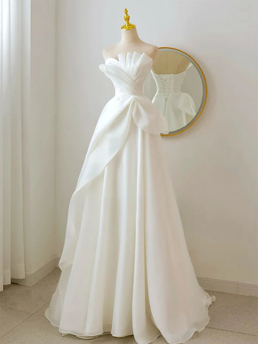 Elegant A Line Strapless White Organza Long Prom Dress Formal Dress DP1178