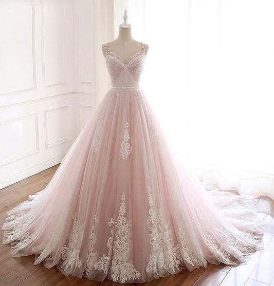 Light Pink A Line Beaded Appliques Tulle Prom Dress Evening Dress DP973