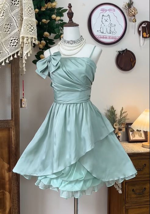 Teal Simple A Line Spaghetti Straps Layered Satin Short Homecoming Dress Cocktail Dress Outfits DP3145