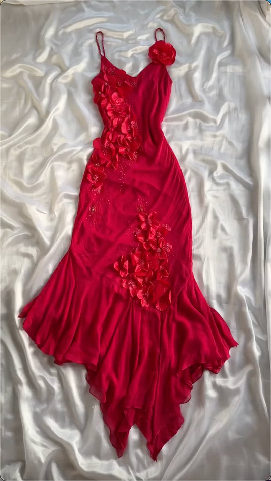 Sexy Mermaid Spaghetti Strap Beaded 3D Floral Red Chiffon Prom Dress Evening Dress DP1802