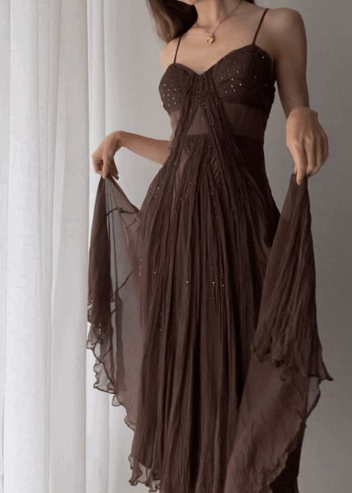 Retro Brown A Line Spaghetti Strap Rhinestone Chiffon Long Prom Dress Evening Dress DP3297