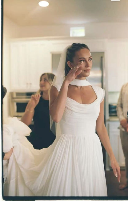 Ethereal Simple A Line Straps Pleated White Chiffon Prom Dress Wedding Dress DP7189