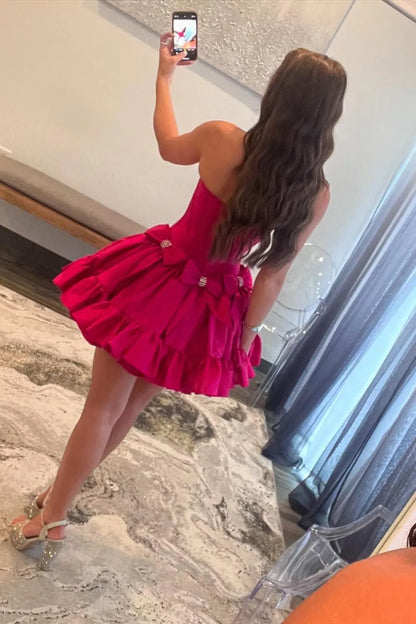 Cute A Line Strapless Hot Pink Short Homecoming Dress with Beading DP7091