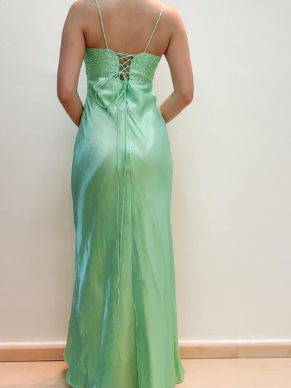 Stunning Sheath Spaghetti Strap Beaded Green Satin Prom Dress Evening Dress DP1762
