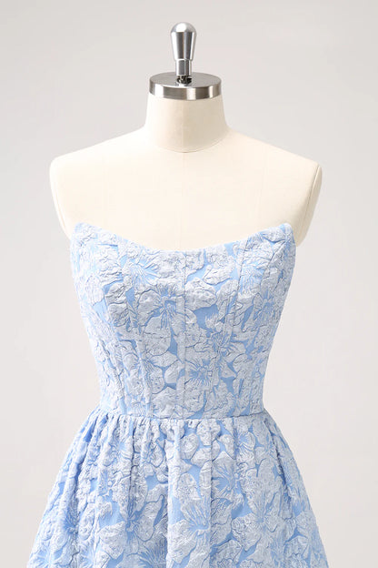 Blue Floral Strapless A Line High Low Prom Dress DP771