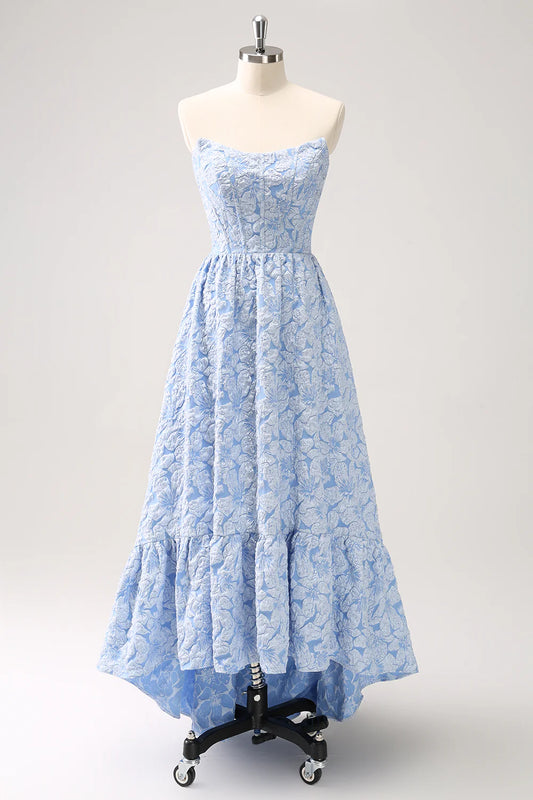 Blue Floral Strapless A Line High Low Prom Dress DP771