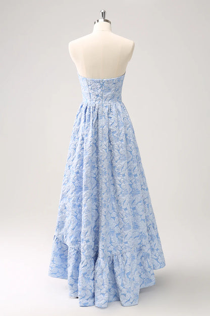 Blue Floral Strapless A Line High Low Prom Dress DP771