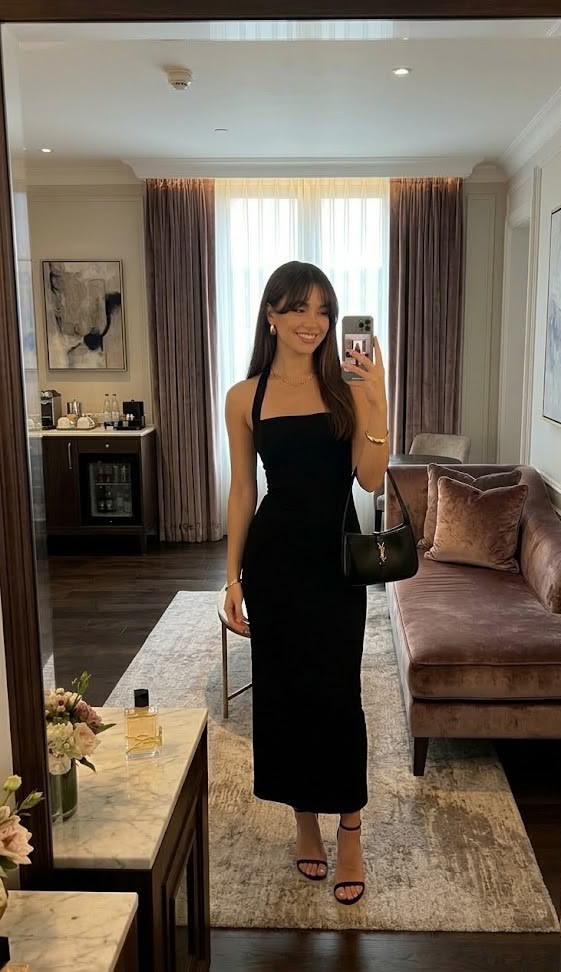 Simple Gentle Sheath Halter Black Satin Prom Dress Evening Dress DP6738