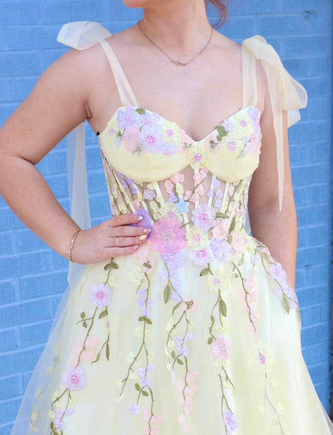 Light Yellow A Line Colorful Appliques Tulle Prom Dress Party Evening Dress DP6286